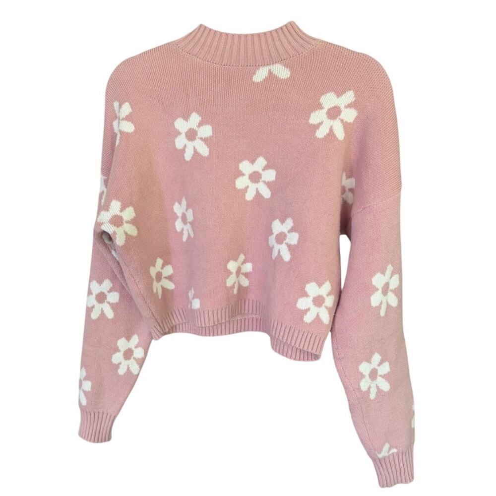 Pink Floral Daisy Knit Sweater Cropped Mock Neck Cozy Soft Girl Style
